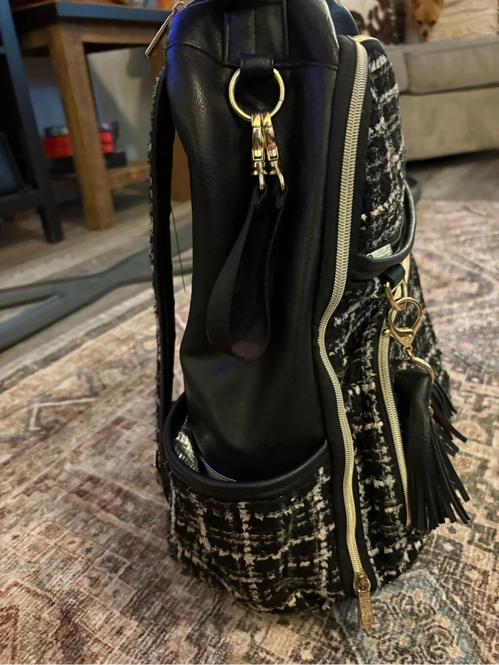 Itzy Ritzy Black and White Tweed Backpack with Gold Hardware